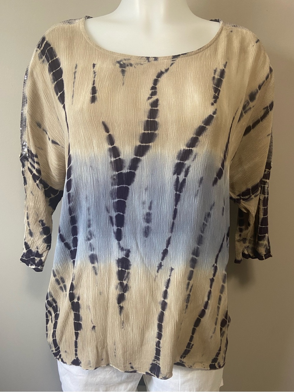 Tribal Beige and Navy Tie-Dye Scoop Neck Tunic